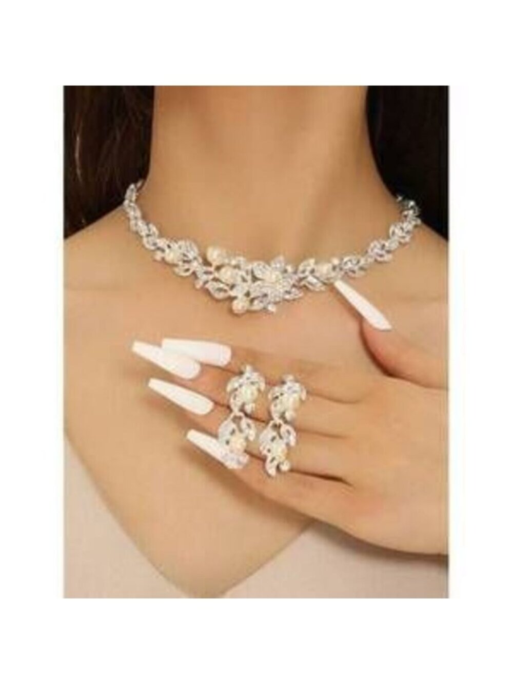 White Flower Crystal Earrings Necklace Jewe Dainty Gift